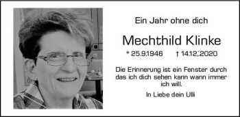Traueranzeige von Mechthild Klinke von vrm-trauer