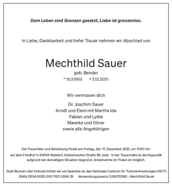 Traueranzeige von Mechthild Sauer von vrm-trauer