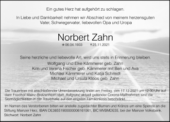 Traueranzeige von Norbert Zahn von vrm-trauer