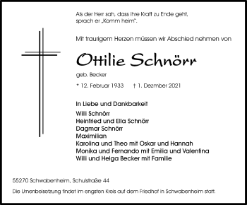 Traueranzeige von Ottilie Schnörr von vrm-trauer