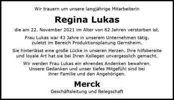 Traueranzeige von Regina Lukas von vrm-trauer