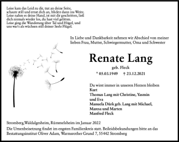 Traueranzeige von Renate Lang von vrm-trauer