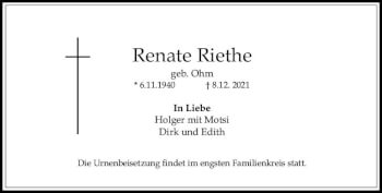 Traueranzeige von Renate Riethe von vrm-trauer