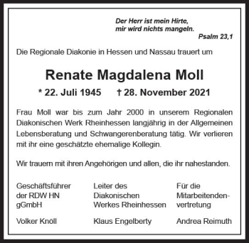 Traueranzeige von Renate Magdalena Moll von vrm-trauer