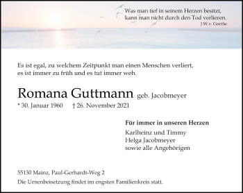Traueranzeige von Romana Guttmann von vrm-trauer