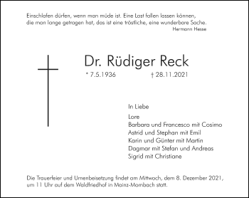 Traueranzeige von Rüdiger Reck von vrm-trauer