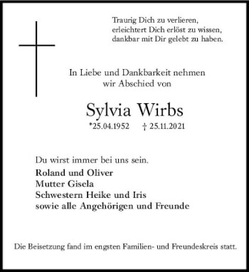 Traueranzeige von Sylvia Wirbs von vrm-trauer