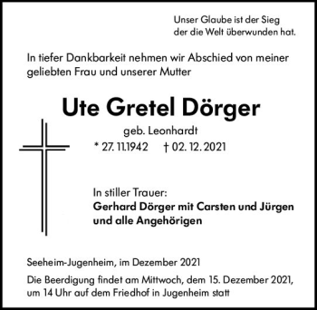Traueranzeige von Ute Gretel Dörger von vrm-trauer