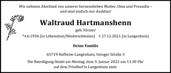 Traueranzeige von Waltraud Hartmanshenn von vrm-trauer