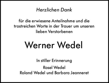 Traueranzeige von Werner Wedel von vrm-trauer