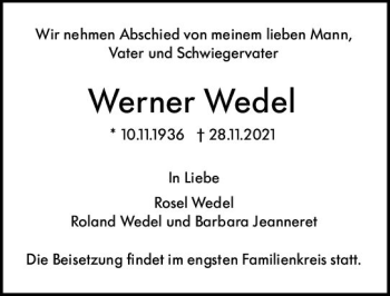 Traueranzeige von Werner Wedel von vrm-trauer