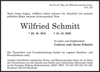 Traueranzeige von Wilfried Schmitt von vrm-trauer