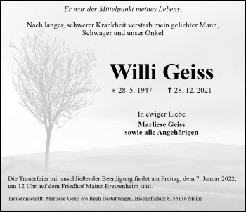 Traueranzeige von Willi Geiss von vrm-trauer