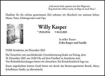 Traueranzeige von Willy Kasper von vrm-trauer