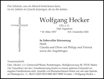 Traueranzeige von Wolfgang Hecker von vrm-trauer