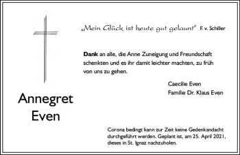 Traueranzeige von Annegret Even von vrm-trauer