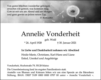 Traueranzeige von Annelie Vonderheit von vrm-trauer