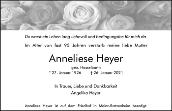 Traueranzeige von Anneliese Heyer von vrm-trauer