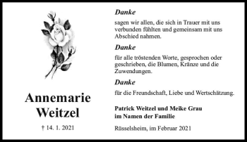 Traueranzeige von Annemarie Weitzel von vrm-trauer