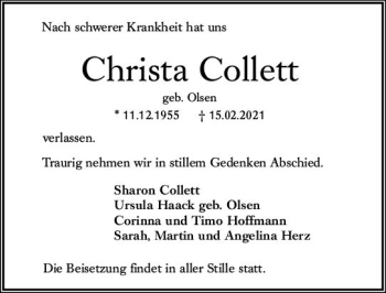 Traueranzeige von Christa Collett von vrm-trauer
