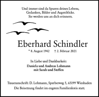 Traueranzeige von Eberhard Schindler von vrm-trauer