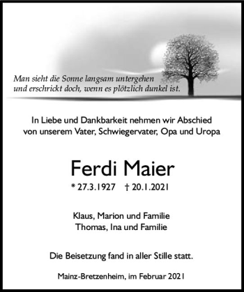 Traueranzeige von Ferdi Maier von vrm-trauer