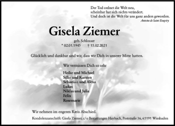 Traueranzeige von Gisela Ziemer von vrm-trauer