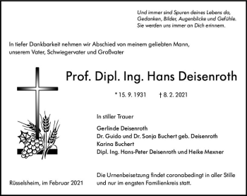 Traueranzeige von Hans Deisenroth von vrm-trauer