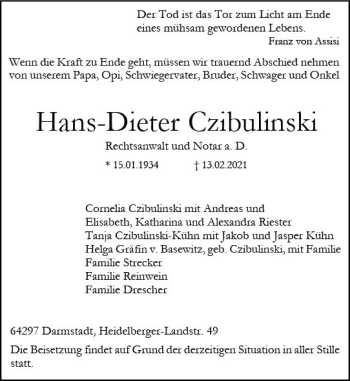 Traueranzeige von Hans-Dieter Czibulinski von vrm-trauer