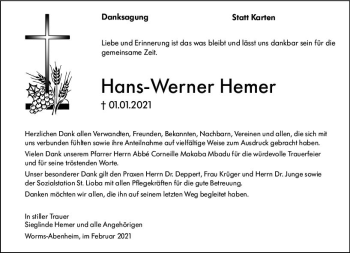 Traueranzeige von Hans-Werner Hemer von vrm-trauer