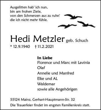 Traueranzeige von Hedwig Metzler von vrm-trauer