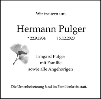 Traueranzeige von Hermann Pulger von vrm-trauer