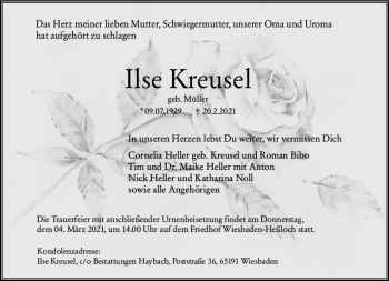 Traueranzeige von Ilse Kreusel von vrm-trauer
