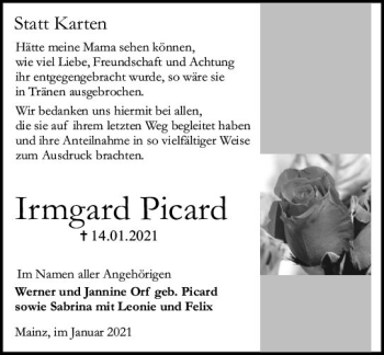 Traueranzeige von Irmgard Picard von vrm-trauer