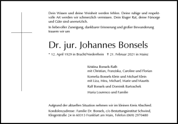 Traueranzeige von Johannes Bonsels von vrm-trauer
