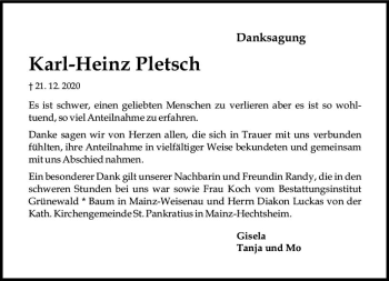 Traueranzeige von Karl-Heinz Pletsch von vrm-trauer