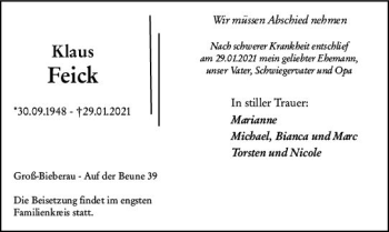 Traueranzeige von Klaus Feick von vrm-trauer