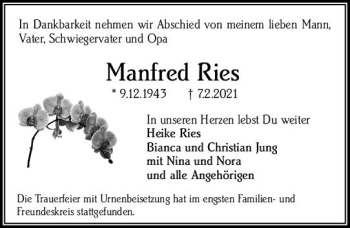 Traueranzeige von Manfred Ries von vrm-trauer