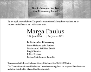 Traueranzeige von Marga Paulus von vrm-trauer