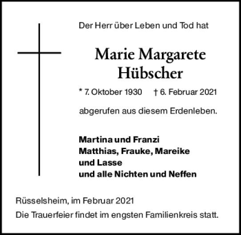 Traueranzeige von Marie Margarete Hübscher von vrm-trauer