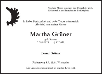 Traueranzeige von Martha Grüner von vrm-trauer