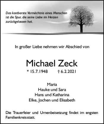 Traueranzeige von Michael Zeck von vrm-trauer
