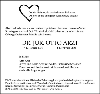 Traueranzeige von Otto Arzt von vrm-trauer
