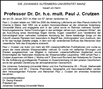 Traueranzeige von Paul J. Crutzen von vrm-trauer