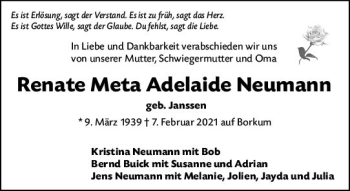 Traueranzeige von Renate Meta Adelaide Neumann von vrm-trauer