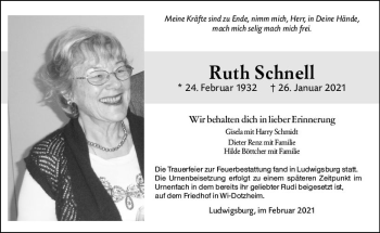 Traueranzeige von Ruth Schnell von vrm-trauer