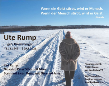 Traueranzeige von Ute Rump von vrm-trauer