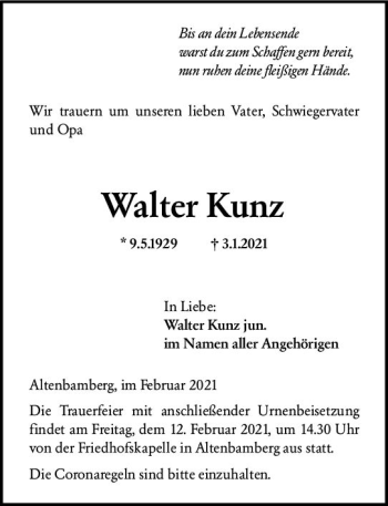 Traueranzeige von Walter Kunz von vrm-trauer