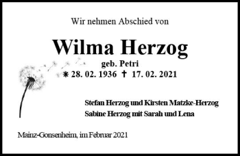 Traueranzeige von Wilma Herzog von vrm-trauer