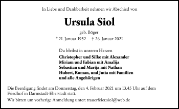 Traueranzeige von Ursula Siol von VRM Tageszeitungen